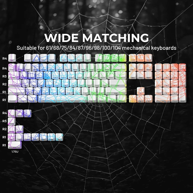 Alt view image 4 of 6 - x XVX Shine Through Keycaps w/IMD Tech, Custom Spider Web Keycaps 60 75 100 Percent, White Key Cap Set Lines Backlit, OEM Profile Side Printed for Keyboards