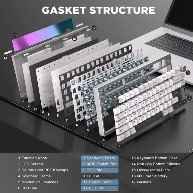 Alt view image 5 of 7 - AL80 75% Wireless Aluminum Mechanical Keyboard(Silver,Gateron Zero) | QMK/VIA, Smart LCD Display and Knob, Hot Swap, Gasket Structure, BT/2.4G/USB-C, RGB Keyboard for Gaming/Win/Mac