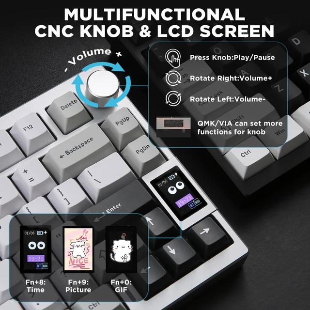 Alt view image 7 of 7 - AL80 75% Wireless Aluminum Mechanical Keyboard(Silver,Gateron Zero) | QMK/VIA, Smart LCD Display and Knob, Hot Swap, Gasket Structure, BT/2.4G/USB-C, RGB Keyboard for Gaming/Win/Mac