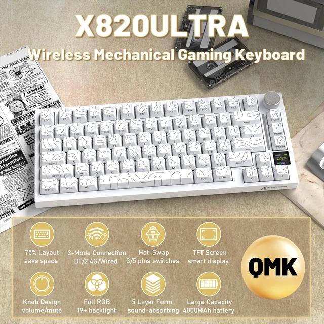 Alt view image 2 of 7 - SHARK X820Ultra RGB Wireless Mechanical Gaming Keyboard with Display | 2.4G/BT/Wired,Side Print PBT Keycap,Hot Swappable,Media Knob,75% TKL,Gasket,QMK Web Driver,Gift Switch-White Contour