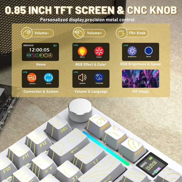 Alt view image 4 of 7 - SHARK X820Ultra RGB Wireless Mechanical Gaming Keyboard with Display | 2.4G/BT/Wired,Side Print PBT Keycap,Hot Swappable,Media Knob,75% TKL,Gasket,QMK Web Driver,Gift Switch-White Contour