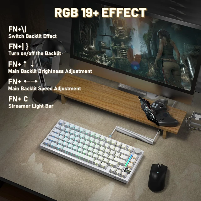Alt view image 6 of 7 - SHARK X820Ultra RGB Wireless Mechanical Gaming Keyboard with Display | 2.4G/BT/Wired,Side Print PBT Keycap,Hot Swappable,Media Knob,75% TKL,Gasket,QMK Web Driver,Gift Switch-White Contour
