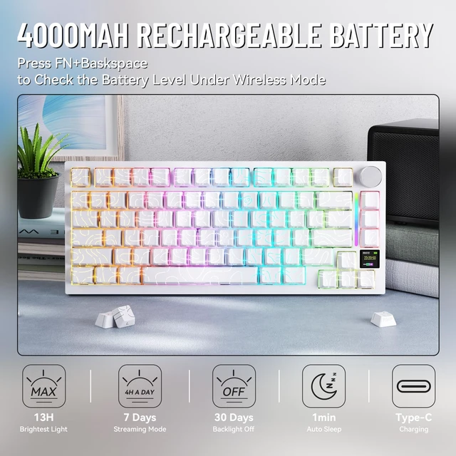Alt view image 5 of 6 - SHARK X820 Ultra Wireless Mechanical Keyboard with TFT Smart Display&Knob,75% Bluetooth/2.4GHz/USB-C Wired Gaming Keyboard,Gasket-Mounted Linear Switch with Coiled Cable,for Win/Mac-White
