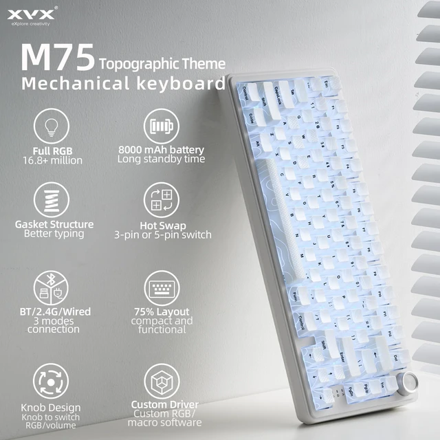 Alt view image 2 of 7 - XVX M75 Wireless Gaming Mechanical Keyboard,75% Layout with Knob and IMD Topographic Keycaps,BT5.0/2.4GHz/USB-C,Hot Swappable Creamy Switches, Gasket Structure,RGB Backlit Keyboard for Win/Mac,White