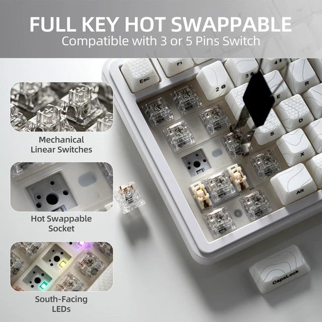 Alt view image 6 of 7 - XVX M75 Wireless Gaming Mechanical Keyboard,75% Layout with Knob and IMD Topographic Keycaps,BT5.0/2.4GHz/USB-C,Hot Swappable Creamy Switches, Gasket Structure,RGB Backlit Keyboard for Win/Mac,White