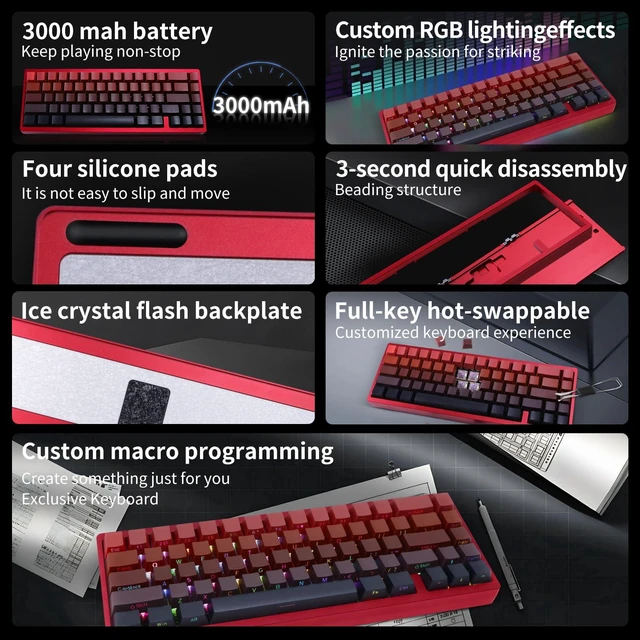 Alt view image 5 of 7 - 67 keys Tri-Mode Full Aluminum CNC Gasket Gaming Keyboard, RGB Backlight Wireless/Wired Custom Mechanical Keyboard for Mac Windows Linux Double-Shot PBT Keycaps Hot-Swappable Linear Switch (red)