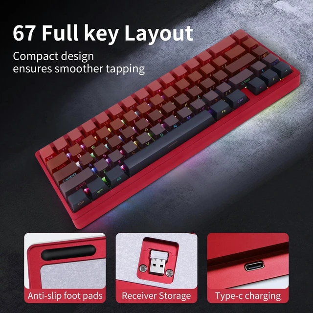 Alt view image 4 of 7 - 67 keys Tri-Mode Full Aluminum CNC Gasket Gaming Keyboard, RGB Backlight Wireless/Wired Custom Mechanical Keyboard for Mac Windows Linux Double-Shot PBT Keycaps Hot-Swappable Linear Switch (red)