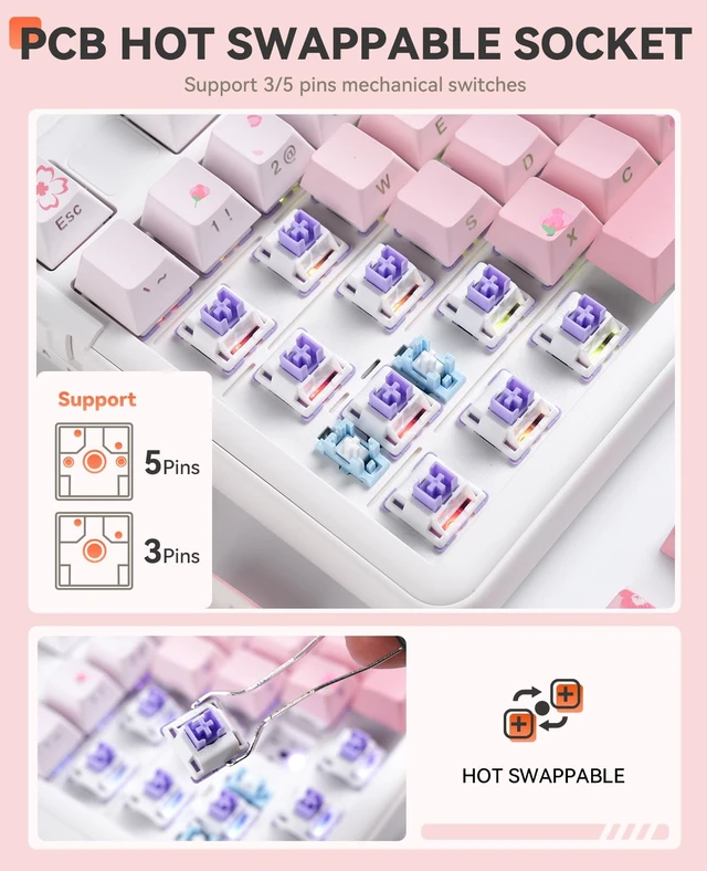 Alt view image 7 of 7 - EK98pro Sakura Pink Wireless Mechanical Keyboard,Tri-Mode BT/2.4GHz/USB-C Creamy Gaming Keyboard with Number Pad,Gasket Structure,Hot Swappable Custom,RGB Backlit for Win/Mac