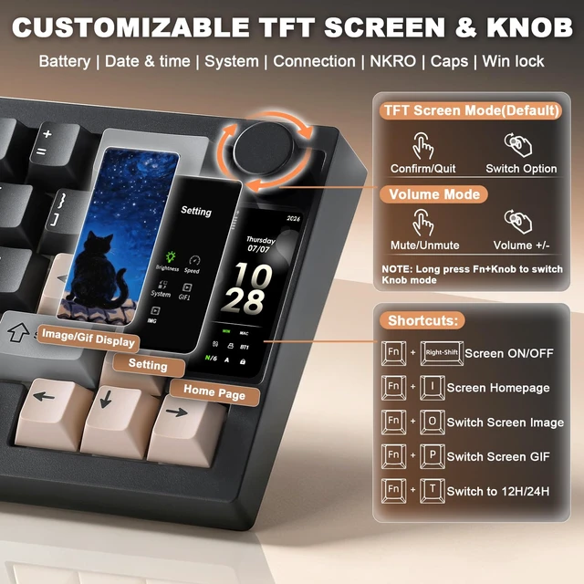 Alt view image 3 of 7 - IF68 Wireless Mechanical Keyboard (Black,Milk V2 Switch) | QMK/VIA Keyboard, 65% Layout with TFT Screen&Knob, RGB Backlit, Hot Swap, BT/Wired/2.4G, Creamy Typing for Gaming/Mac/Win