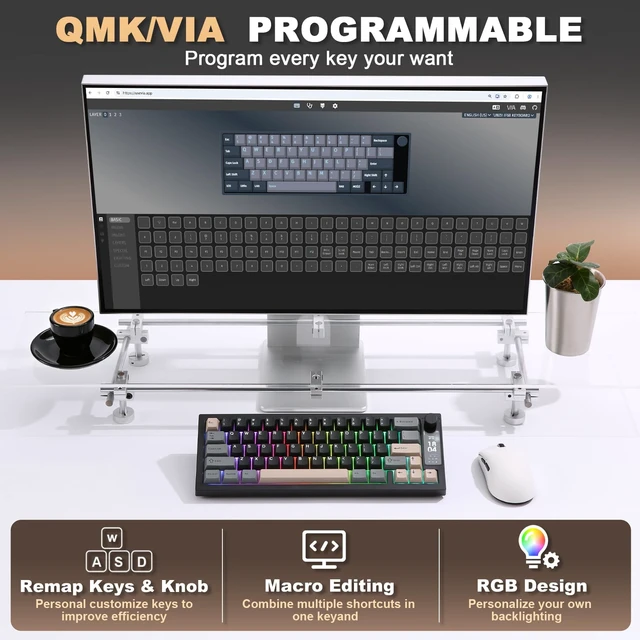 Alt view image 4 of 7 - IF68 Wireless Mechanical Keyboard (Black,Milk V2 Switch) | QMK/VIA Keyboard, 65% Layout with TFT Screen&Knob, RGB Backlit, Hot Swap, BT/Wired/2.4G, Creamy Typing for Gaming/Mac/Win