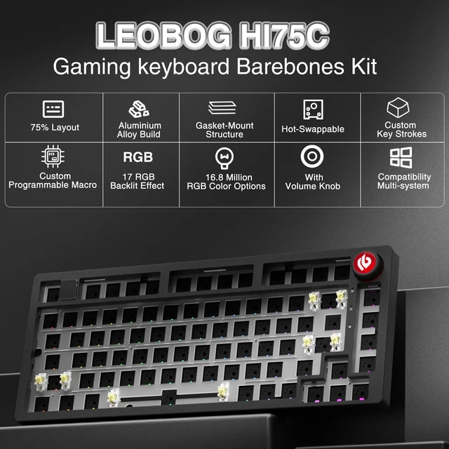 Alt view image 2 of 7 - Hi75C Upgraded Wired Mechanical Keyboard Kit Aluminum Alloy 75% | Gasket Mount 75% Barebones DIY Base with Hot Swap, RGB & Volume Knob Enhanced Custom Gaming Keyboard Build