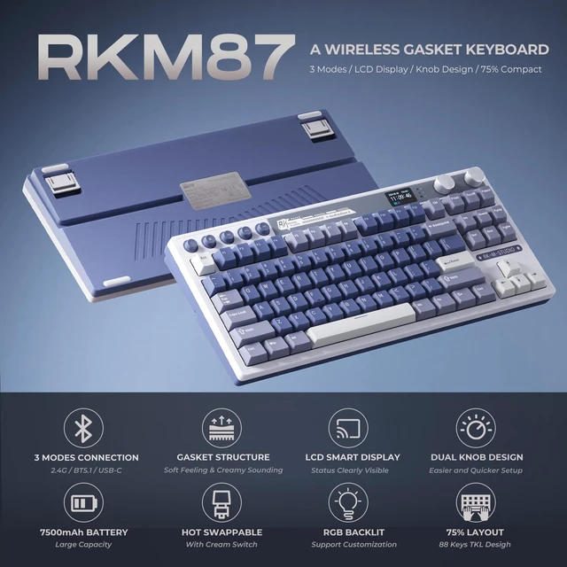 Alt view image 2 of 7 - M87 Wireless Gaming Keyboard with Screen & Dual Knobs, Blue | Bluetooth/2.4G/Wired, Hot Swappable Cream Switches, 5-Layer Noise Dampening Gasket Structure,Compact 75% Size for PC/WIN/Mac
