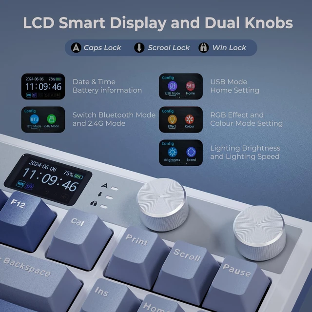 Alt view image 3 of 7 - M87 Wireless Gaming Keyboard with Screen & Dual Knobs, Blue | Bluetooth/2.4G/Wired, Hot Swappable Cream Switches, 5-Layer Noise Dampening Gasket Structure,Compact 75% Size for PC/WIN/Mac