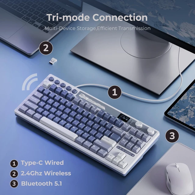 Alt view image 4 of 7 - M87 Wireless Gaming Keyboard with Screen & Dual Knobs, Blue | Bluetooth/2.4G/Wired, Hot Swappable Cream Switches, 5-Layer Noise Dampening Gasket Structure,Compact 75% Size for PC/WIN/Mac