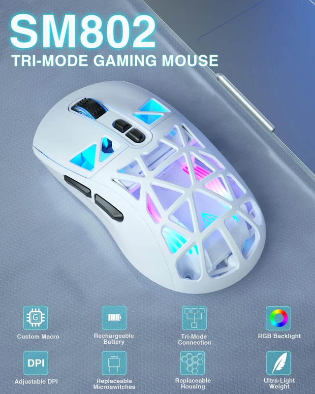 Alt view image 2 of 7 - SM802 White Wireless Gaming Mouse,10000 DPI,Tri-Mode Wired/BT 5.0/2.4GHz Wireless Mouse Gaming with Side Button,RGB Programmable Macro Mouse for Laptop