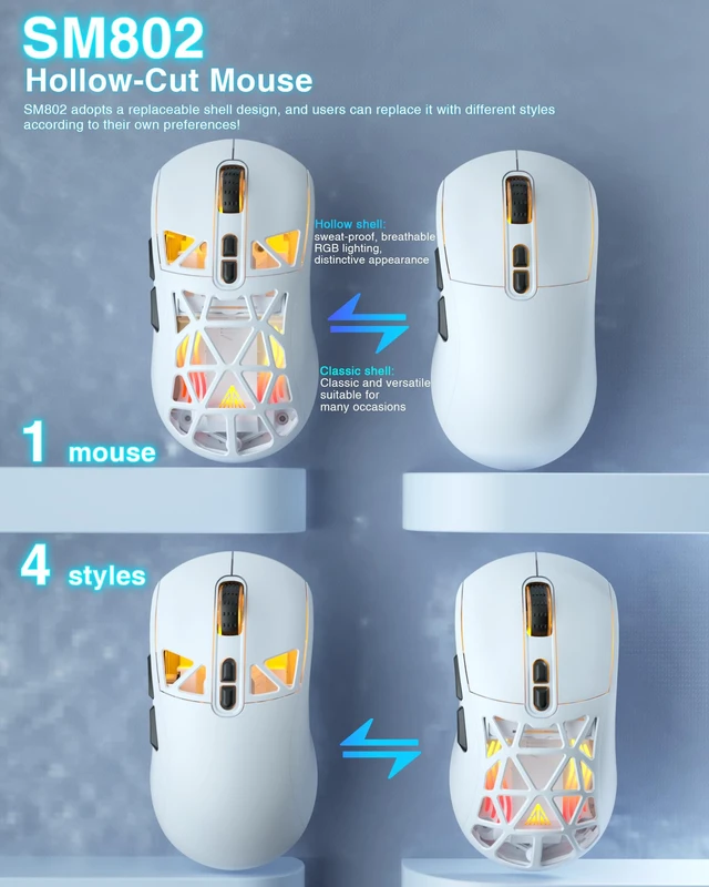 Alt view image 4 of 7 - SM802 White Wireless Gaming Mouse,10000 DPI,Tri-Mode Wired/BT 5.0/2.4GHz Wireless Mouse Gaming with Side Button,RGB Programmable Macro Mouse for Laptop