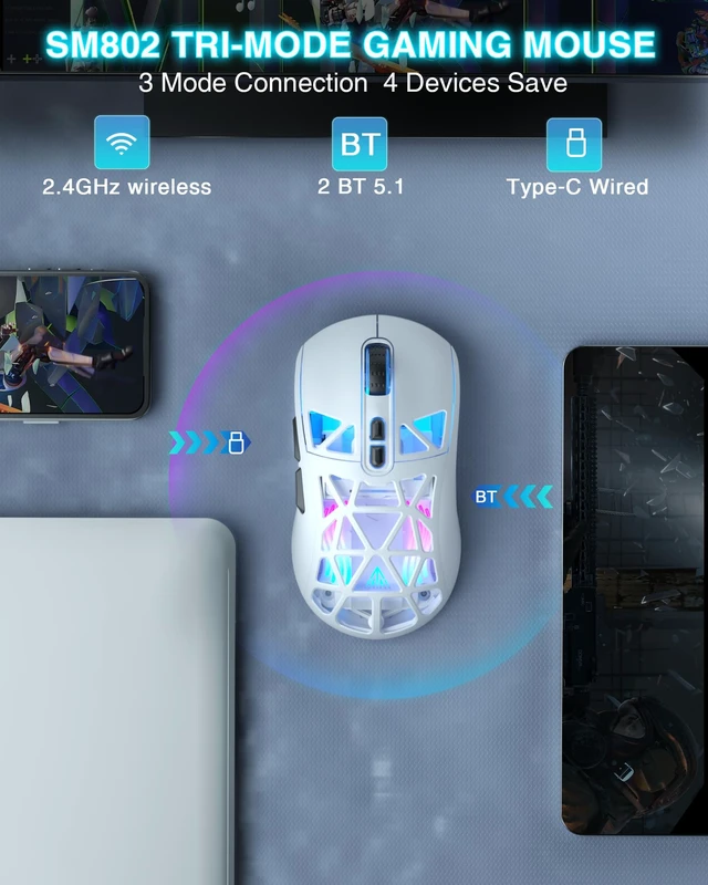 Alt view image 3 of 7 - SM802 White Wireless Gaming Mouse,10000 DPI,Tri-Mode Wired/BT 5.0/2.4GHz Wireless Mouse Gaming with Side Button,RGB Programmable Macro Mouse for Laptop