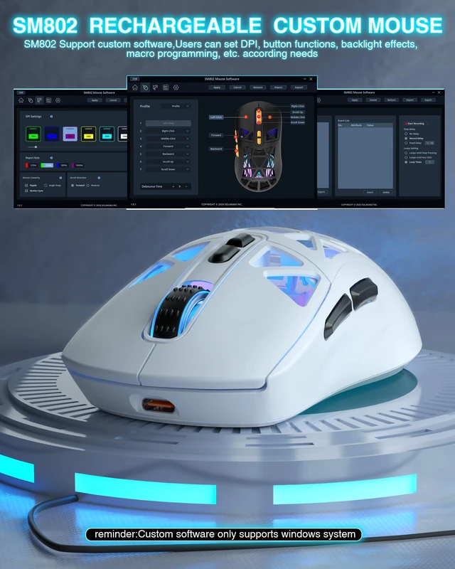 Alt view image 6 of 7 - SM802 White Wireless Gaming Mouse,10000 DPI,Tri-Mode Wired/BT 5.0/2.4GHz Wireless Mouse Gaming with Side Button,RGB Programmable Macro Mouse for Laptop