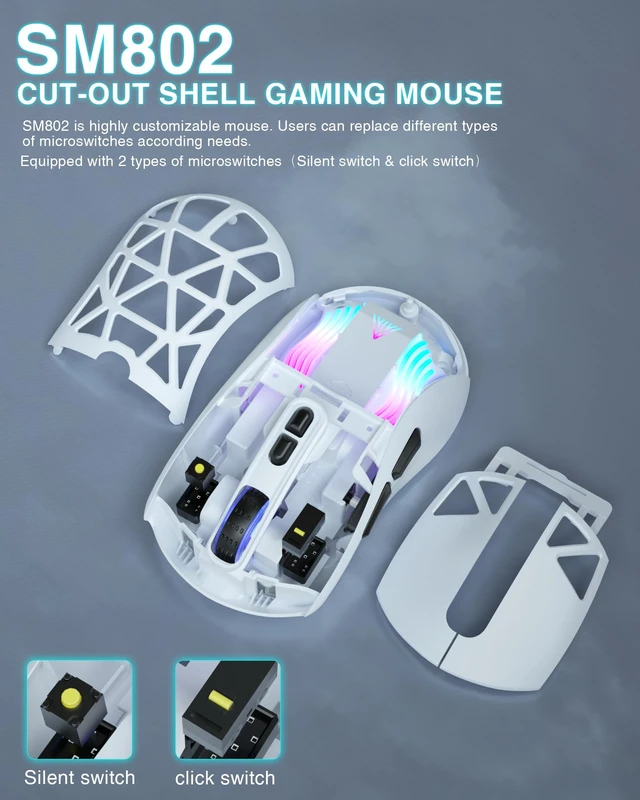 Alt view image 5 of 7 - SM802 White Wireless Gaming Mouse,10000 DPI,Tri-Mode Wired/BT 5.0/2.4GHz Wireless Mouse Gaming with Side Button,RGB Programmable Macro Mouse for Laptop