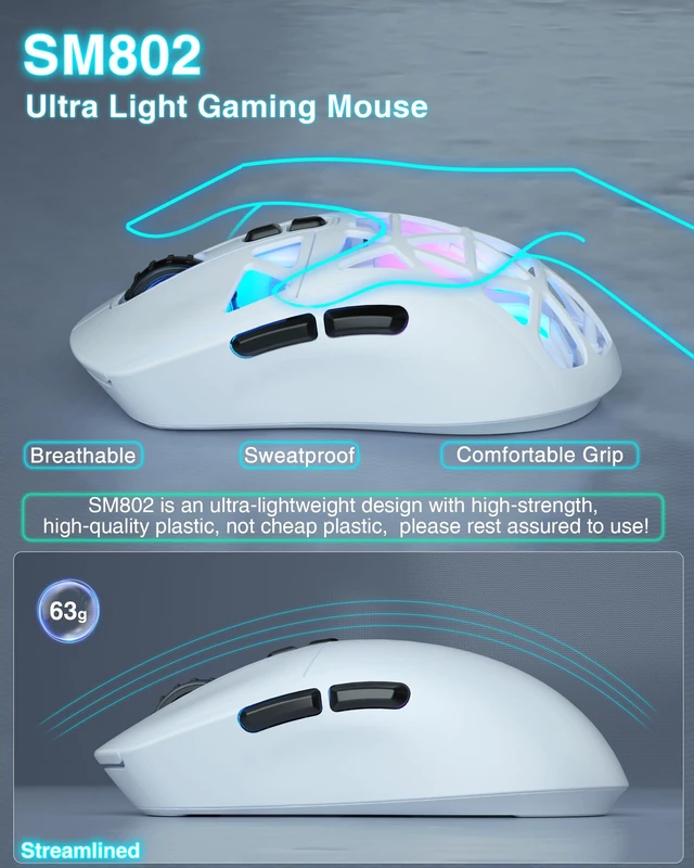 Alt view image 7 of 7 - SM802 White Wireless Gaming Mouse,10000 DPI,Tri-Mode Wired/BT 5.0/2.4GHz Wireless Mouse Gaming with Side Button,RGB Programmable Macro Mouse for Laptop