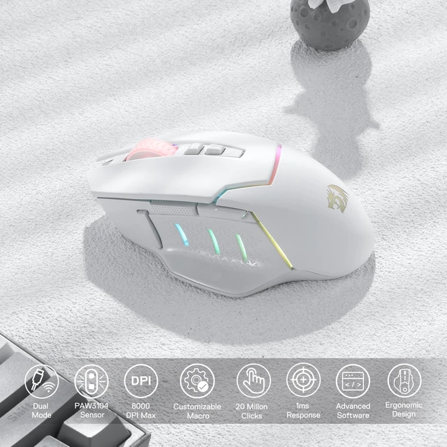 Alt view image 3 of 7 - M690 PRO Wireless Gaming Mouse, 8000 DPI Wired/Wireless Gamer Mouse w/Rapid Fire Key, 8 Macro Buttons, Ergonomic Design for PC/Mac/Laptop, White