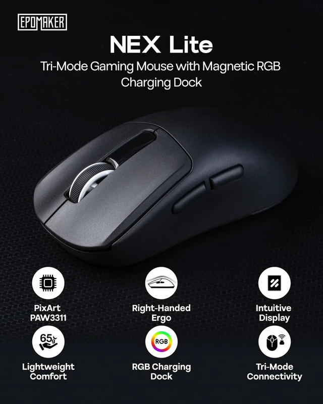 Alt view image 2 of 7 - NEX Lite Wireless Gaming Mouse w/Screens & RGB Charging Dock | 65g Right-Hand Gaming Mice, PAW3311 Sensor, 1K Polling, 12K DPI, BT 5.0/2.4GHz/USB-C, for Gaming & Office (Black)