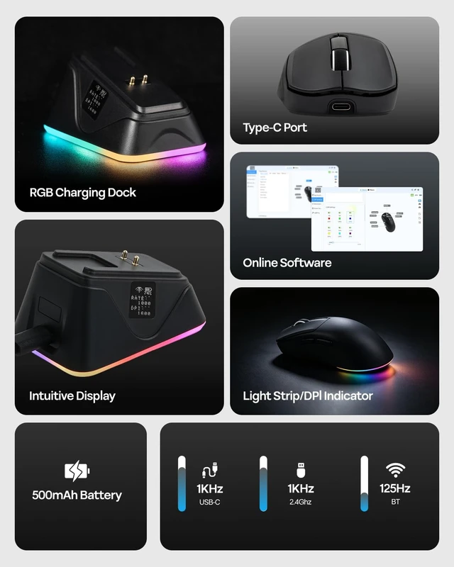 Alt view image 4 of 7 - NEX Lite Wireless Gaming Mouse w/Screens & RGB Charging Dock | 65g Right-Hand Gaming Mice, PAW3311 Sensor, 1K Polling, 12K DPI, BT 5.0/2.4GHz/USB-C, for Gaming & Office (Black)