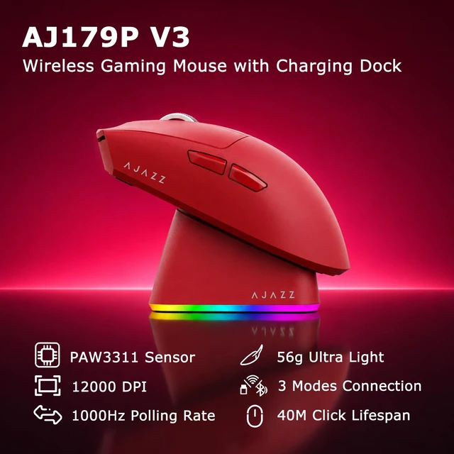 Alt view image 2 of 7 - AJ139P V3 MC Wireless Gaming Mouse with RGB Magnetic Charging Dock, Tri-Mode 2.4G/Bluetooth/Wired, 69g, Up to 24000 DPI, 800mAh Battery, 6 Programmable Buttons, On-Board Memory, 80M Clicks, Red