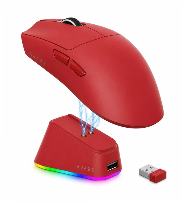 Main image of AJ139P V3 MC Wireless Gaming Mouse with RGB Magnetic Charging Dock, Tri-Mode 2.4G/Bluetooth/Wired, 69g, Up to 24000 DPI, 800mAh Battery, 6 Programmable Buttons, On-Board Memory, 80M Clicks, Red