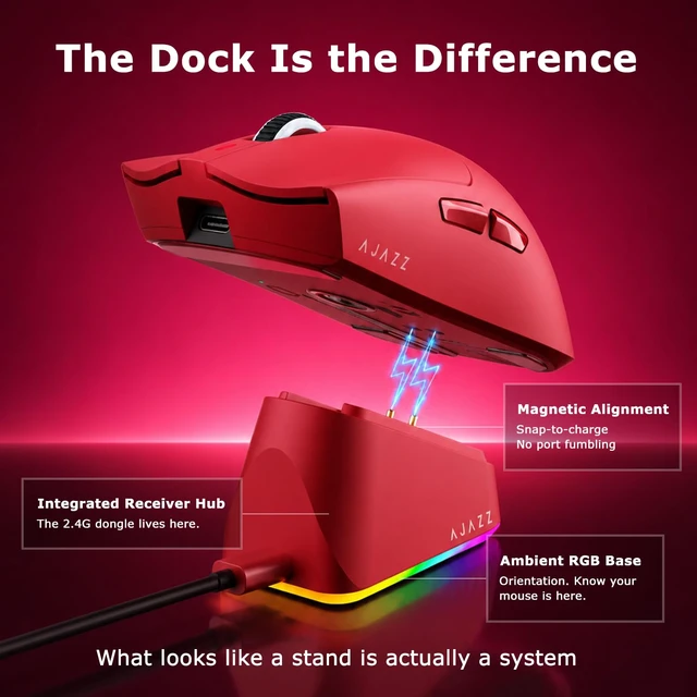 Alt view image 3 of 7 - AJ139P V3 MC Wireless Gaming Mouse with RGB Magnetic Charging Dock, Tri-Mode 2.4G/Bluetooth/Wired, 69g, Up to 24000 DPI, 800mAh Battery, 6 Programmable Buttons, On-Board Memory, 80M Clicks, Red