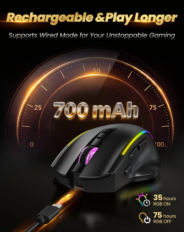Alt view image 4 of 7 - Wireless Gaming Mouse,2.4GHz/USB-C, 1000Hz,7 Custom Buttons 13 RGB | 12800 DPI, 700mAh Rechargeable Battery, 13 RGB Modes, Macro Support, Ergonomic Design