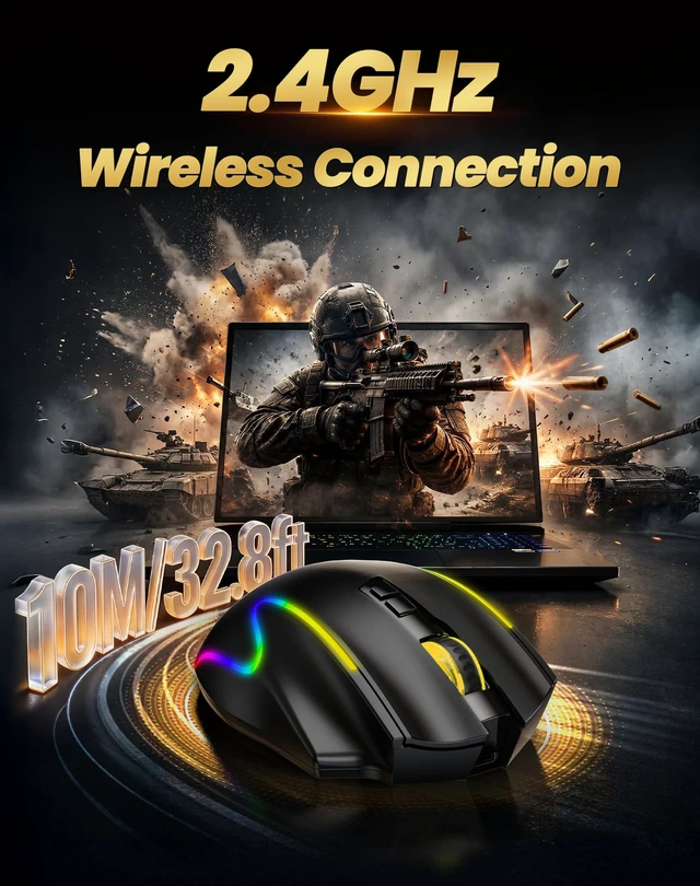 Alt view image 3 of 7 - Wireless Gaming Mouse,2.4GHz/USB-C, 1000Hz,7 Custom Buttons 13 RGB | 12800 DPI, 700mAh Rechargeable Battery, 13 RGB Modes, Macro Support, Ergonomic Design
