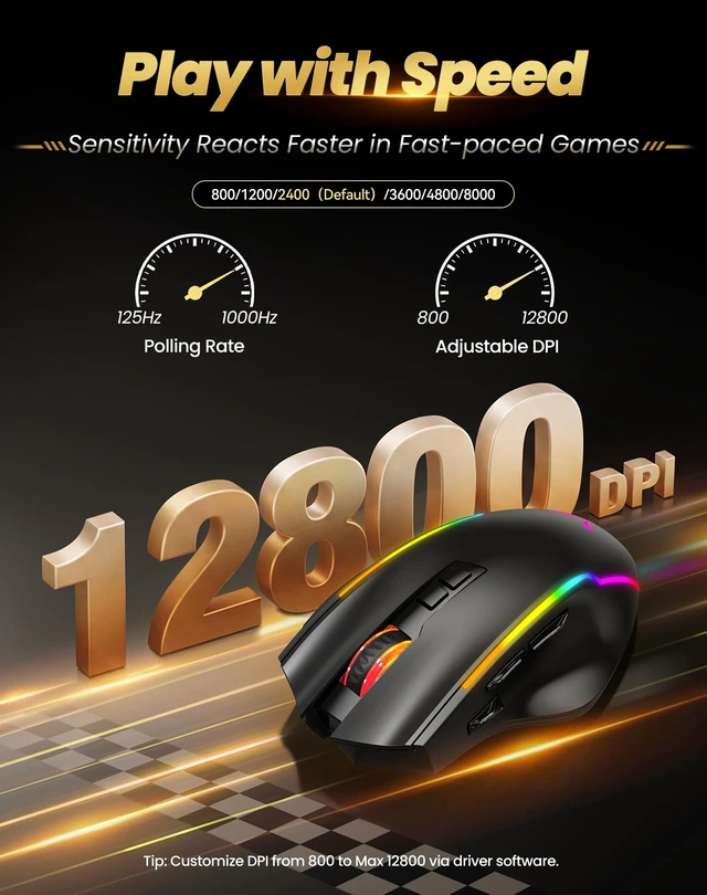 Alt view image 5 of 7 - Wireless Gaming Mouse,2.4GHz/USB-C, 1000Hz,7 Custom Buttons 13 RGB | 12800 DPI, 700mAh Rechargeable Battery, 13 RGB Modes, Macro Support, Ergonomic Design