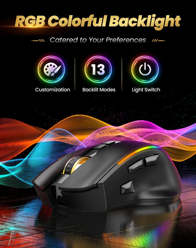 Alt view image 6 of 7 - Wireless Gaming Mouse,2.4GHz/USB-C, 1000Hz,7 Custom Buttons 13 RGB | 12800 DPI, 700mAh Rechargeable Battery, 13 RGB Modes, Macro Support, Ergonomic Design