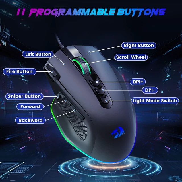 Alt view image 3 of 7 - Wired Gaming Mouse, RGB Backlit Ergonomic Gamer Mouse Up to 8000 DPI, 11 Programmable Buttons & 7 Backlit Modes, Extra Sniper Button, Mouse Gamer for Windows PC Gamers, M614