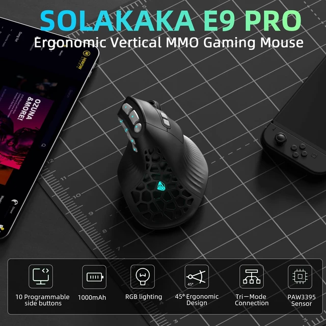 Alt view image 2 of 7 - E9 PRO Vertical MMO Gaming Mouse with 8K Dongle- 36000 DPI PAW3395 Sensor,8,000Hz Polling Rate,Tri-Mode Ergonomic Wireless Mouse with 10 Side Buttons,RGB Mouse for PC/Mac - Black