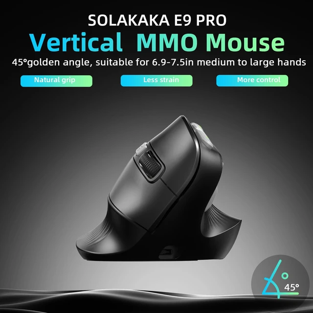 Alt view image 3 of 7 - E9 PRO Vertical MMO Gaming Mouse with 8K Dongle- 36000 DPI PAW3395 Sensor,8,000Hz Polling Rate,Tri-Mode Ergonomic Wireless Mouse with 10 Side Buttons,RGB Mouse for PC/Mac - Black