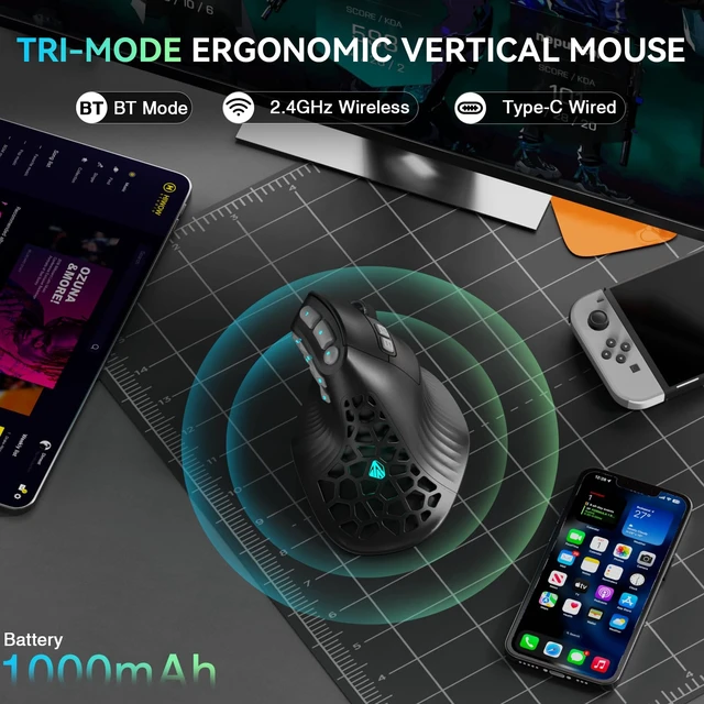 Alt view image 6 of 7 - E9 PRO Vertical MMO Gaming Mouse with 8K Dongle- 36000 DPI PAW3395 Sensor,8,000Hz Polling Rate,Tri-Mode Ergonomic Wireless Mouse with 10 Side Buttons,RGB Mouse for PC/Mac - Black