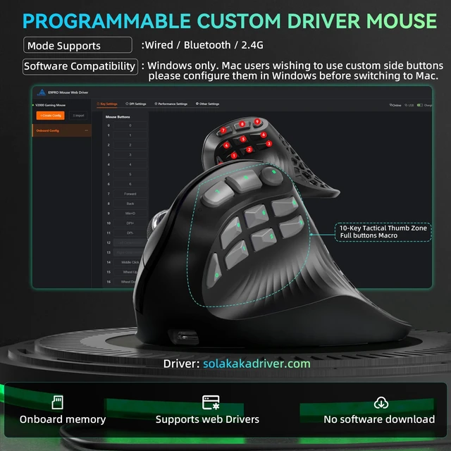 Alt view image 7 of 7 - E9 PRO Vertical MMO Gaming Mouse with 8K Dongle- 36000 DPI PAW3395 Sensor,8,000Hz Polling Rate,Tri-Mode Ergonomic Wireless Mouse with 10 Side Buttons,RGB Mouse for PC/Mac - Black