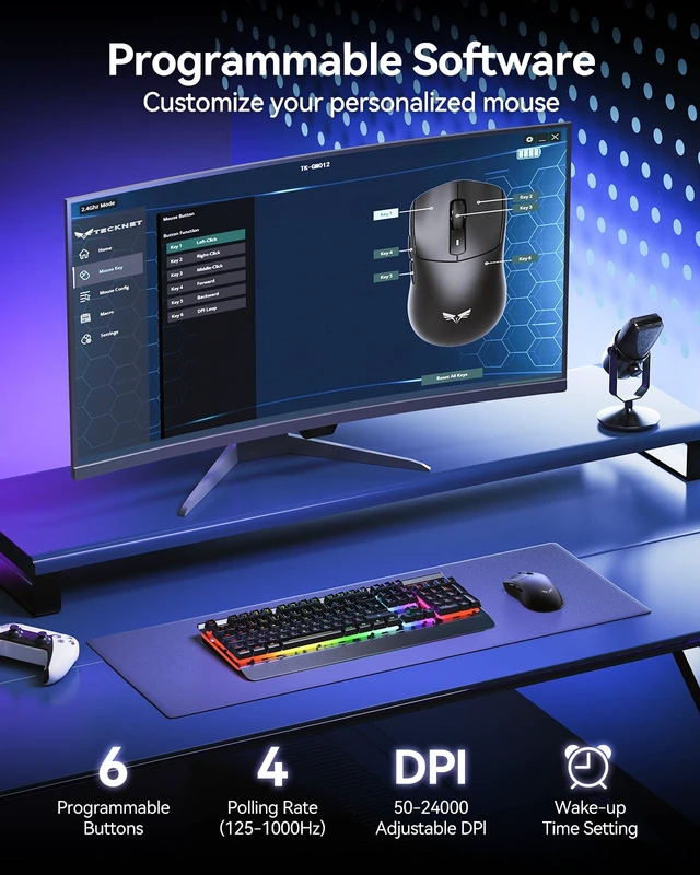 Alt view image 5 of 6 - Wireless Gaming Mouse, 53g Lightweight, 1000Hz Polling Rate, Black | 24,000 DPI, Tri-Mode Connectivity, USB-C Rechargeable, Up to 90H Battery Life, PTFE Feet, Ergonomic Design
