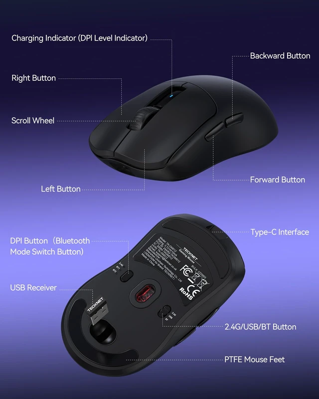 Alt view image 6 of 6 - Wireless Gaming Mouse, 53g Lightweight, 1000Hz Polling Rate, Black | 24,000 DPI, Tri-Mode Connectivity, USB-C Rechargeable, Up to 90H Battery Life, PTFE Feet, Ergonomic Design