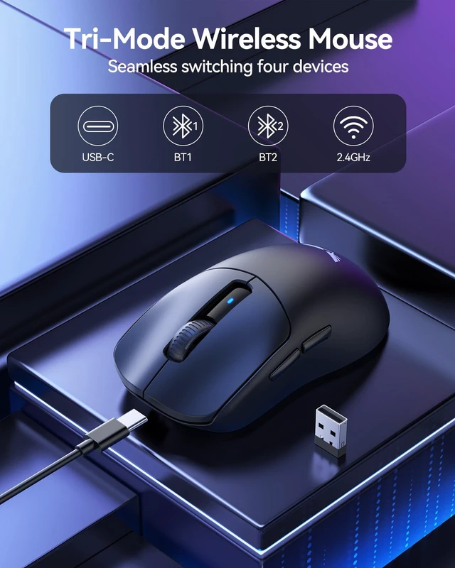 Alt view image 3 of 6 - Wireless Gaming Mouse, 53g Lightweight, 1000Hz Polling Rate, Black | 24,000 DPI, Tri-Mode Connectivity, USB-C Rechargeable, Up to 90H Battery Life, PTFE Feet, Ergonomic Design