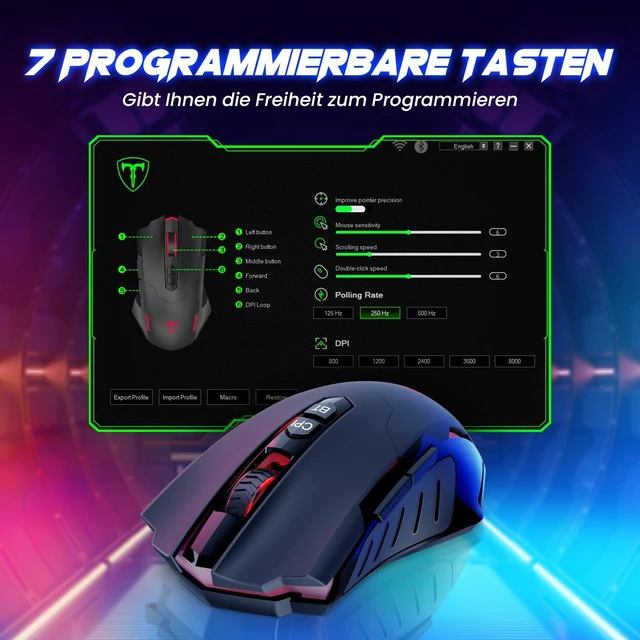 Alt view image 7 of 7 - PC400 Wireless Gaming Mouse with 8000 DPI, 2.4G & Bluetooth Dual Mode Connection - Ergonomic Design, 7 Programmable Buttons, RGB backlighting, Precision Sensor for PC and Gaming