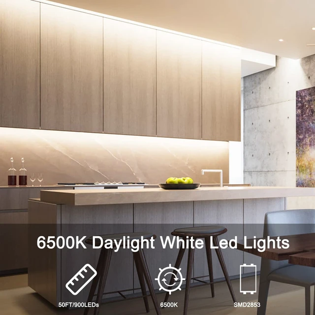 Alt view image 2 of 6 - White LED Strip Lights, 50ft Dimmable 6500K Lights for Mirror | Daylight White, Strong Adhesive, Knob Control, Flexible 24V Led Lights for Kitchen Cabinets, Bedroom