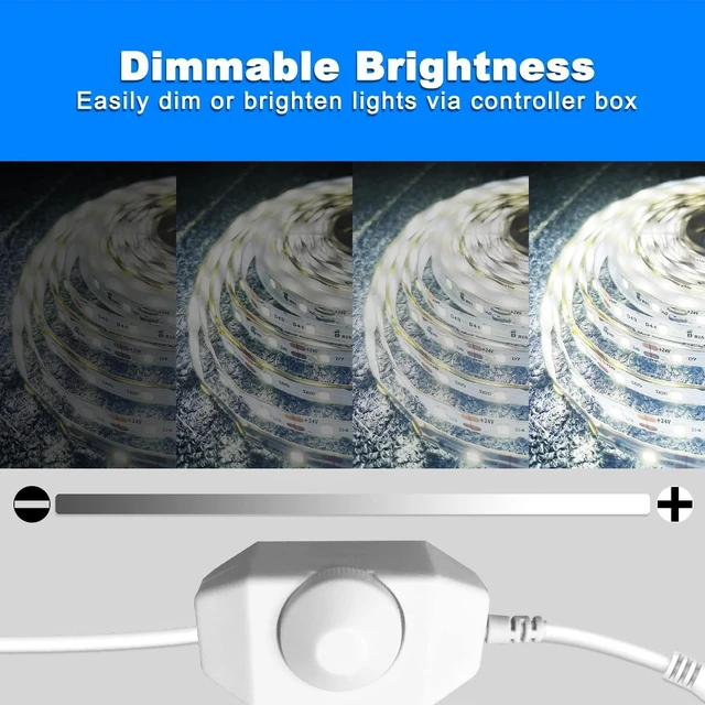 Alt view image 3 of 6 - White LED Strip Lights, 50ft Dimmable 6500K Lights for Mirror | Daylight White, Strong Adhesive, Knob Control, Flexible 24V Led Lights for Kitchen Cabinets, Bedroom