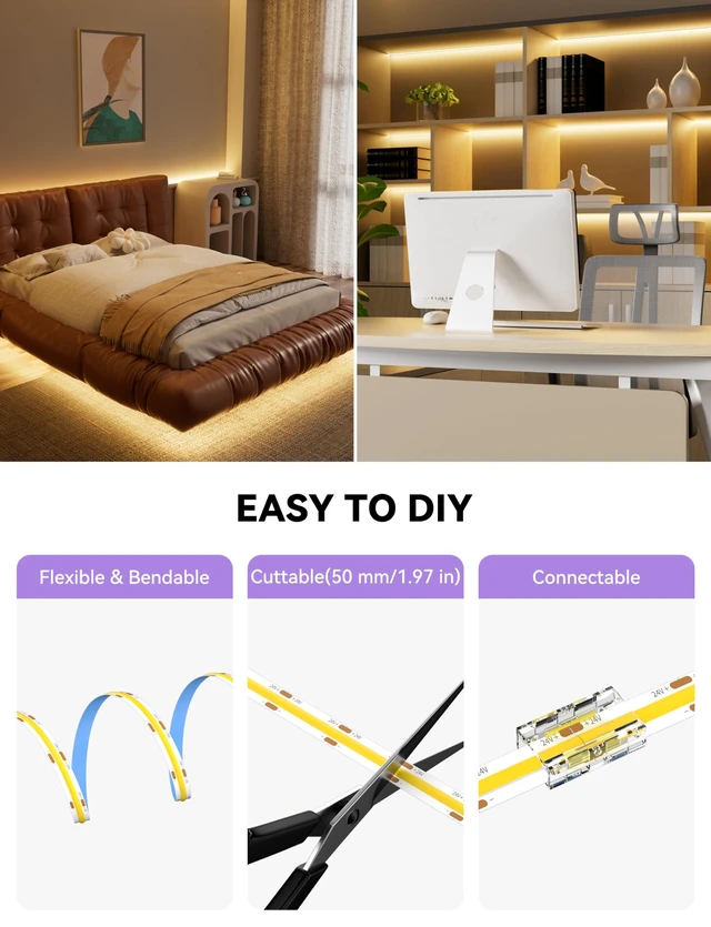 Alt view image 6 of 7 - COB LED Strip,LED Strip Light 2700K Warm White 20ft Dimmable Super Bright 24V,High Density Flexible Tape Light with RF Remote Timer Function,for Shelf/Cabinet/Bedroom/TV DIY Lighting Project