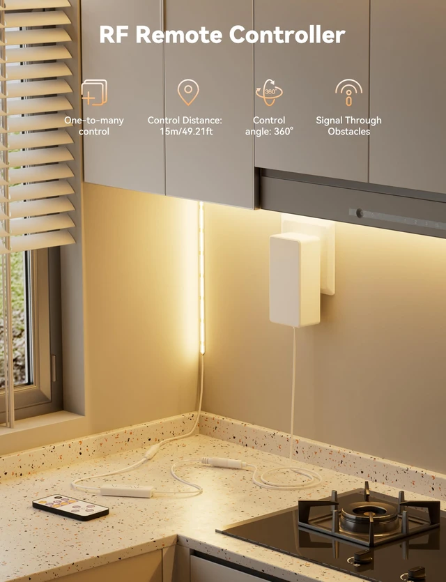 Alt view image 4 of 7 - COB LED Strip,LED Strip Light 2700K Warm White 20ft Dimmable Super Bright 24V,High Density Flexible Tape Light with RF Remote Timer Function,for Shelf/Cabinet/Bedroom/TV DIY Lighting Project