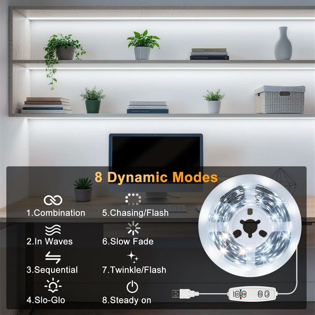 Alt view image 3 of 7 - 16.4ft 150 LEDs Strip Lights 6000k, 8 Modes USB Cuttable Led Light Strip Dimmable, Led Tape Light for Bedroom, TV Backlight, Mirror, Kitchen Decoration