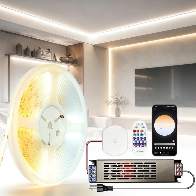 Main image of 24V CCT COB LED Strip Light 32.8FT Kit, 2700K-6500K Cuttable with Alexa | COB LED Dimmable CRI 93+ 4W+/FT LED Tape Lights with Power Supply for Bedroom Kitchen Cabinet Living Room Ceiling