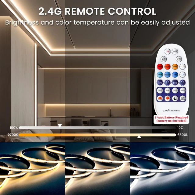 Alt view image 3 of 7 - 24V CCT COB LED Strip Light 32.8FT Kit, 2700K-6500K Cuttable with Alexa | COB LED Dimmable CRI 93+ 4W+/FT LED Tape Lights with Power Supply for Bedroom Kitchen Cabinet Living Room Ceiling